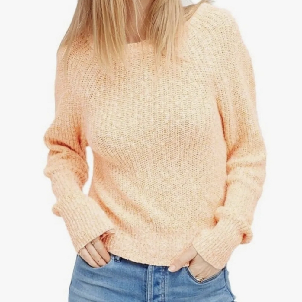 Free People Electric City Neon Orange Cable Knit Cotton/Linen Sweater Size xs